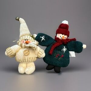 2 Delton Plush Christmas Ornaments Snowman Knit Sweater Hat 6"
